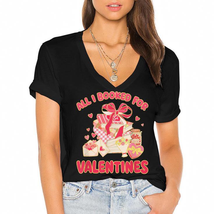 Booked For Valentine Books Lover Bookworm Librarian Teacher Women's Jersey Short Sleeve Deep V-Neck Tshirt