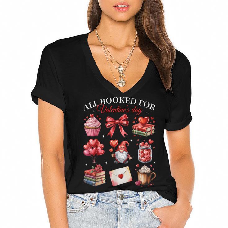 All Booked For Valentine Coquette Bow Girl Women Teacher Women's Jersey Short Sleeve Deep V-Neck Tshirt				