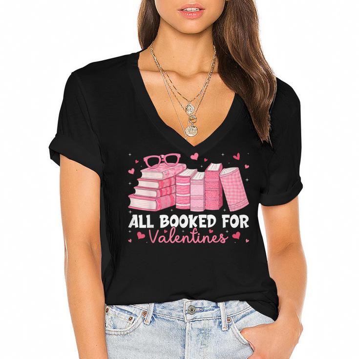 All Booked For Valentines Couple Bookworms Valentine’s Day Women's Jersey Short Sleeve Deep V-Neck Tshirt