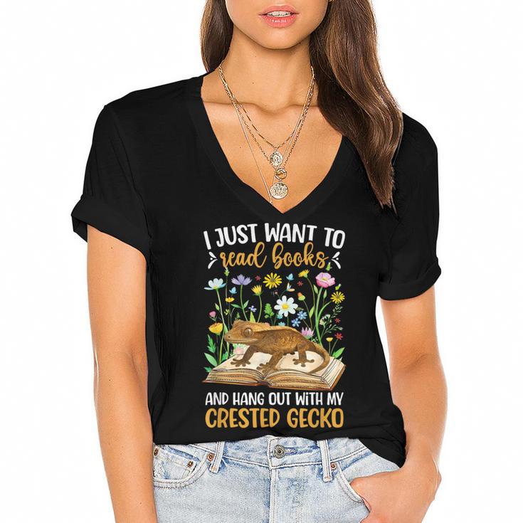 Books And Crested Gecko Owner Crestie Lover Women's Jersey Short Sleeve Deep V-Neck Tshirt