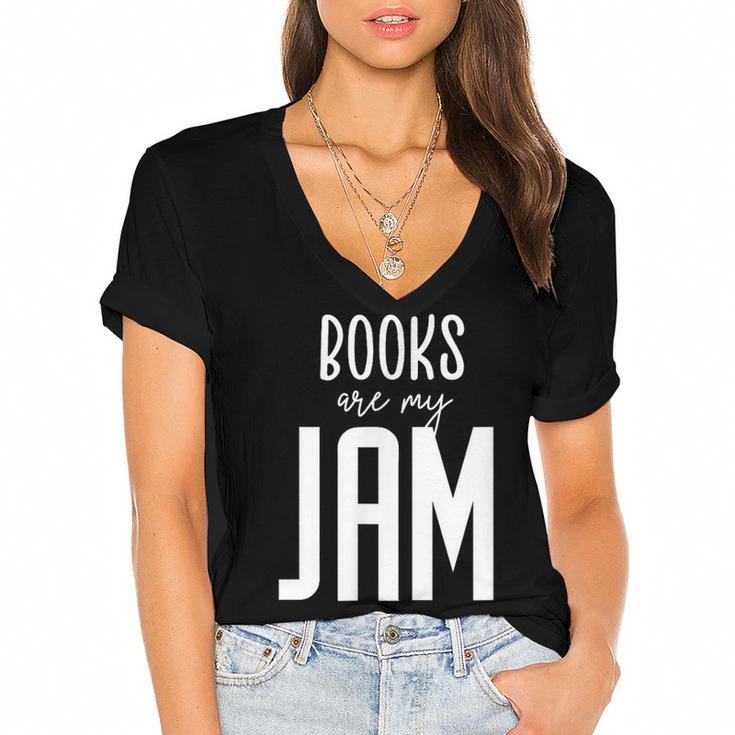 Books Are My Jam Graphic For Introverts Women's Jersey Short Sleeve Deep V-Neck Tshirt