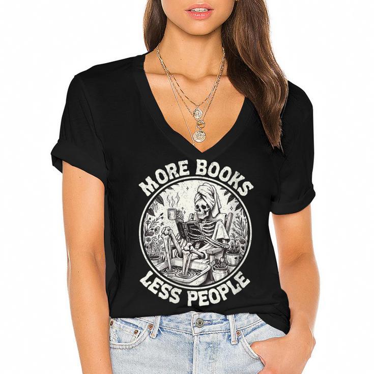More Books Less People Introvert Skeleton Reading Women's Jersey Short Sleeve Deep V-Neck Tshirt