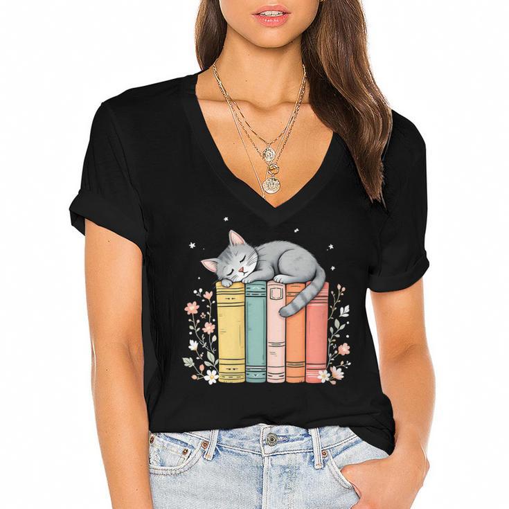 Books Lover Cute Sleepy Cat Relax Reading Vibe Women's Jersey Short Sleeve Deep V-Neck Tshirt				