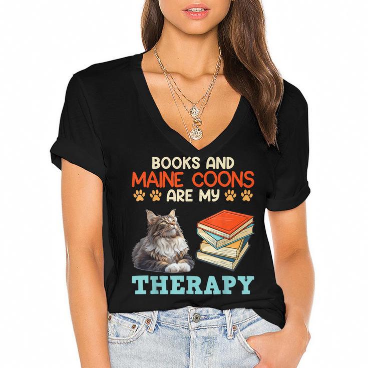 BOOKS AND MAINE COONS ARE MY THERAPY Main Coon Women's Jersey Short Sleeve Deep V-Neck Tshirt