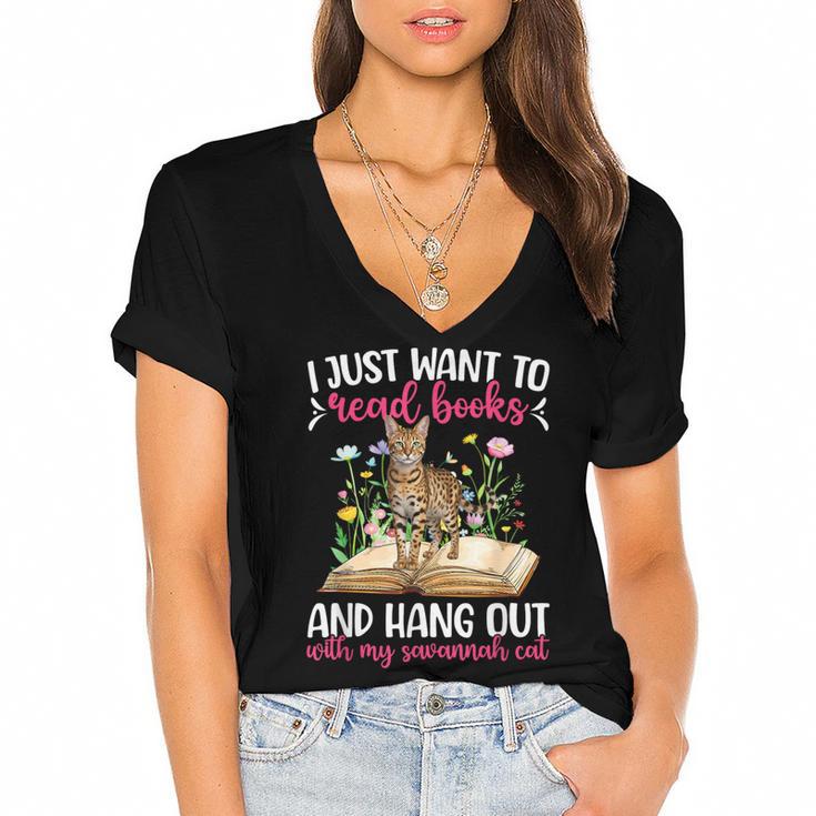 Books And My Savannah Cat Owner Savannah Cat Lover Women's Jersey Short Sleeve Deep V-Neck Tshirt				