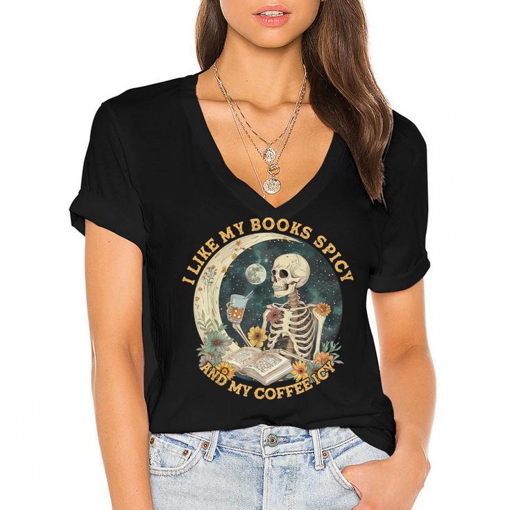 I Like My Books Spicy & My Coffee Icy Skeleton Read Book Women's Jersey Short Sleeve Deep V-Neck Tshirt				