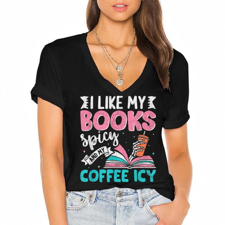 I Like My Books Spicy Coffee ICY Women's Jersey Short Sleeve Deep V-Neck Tshirt				