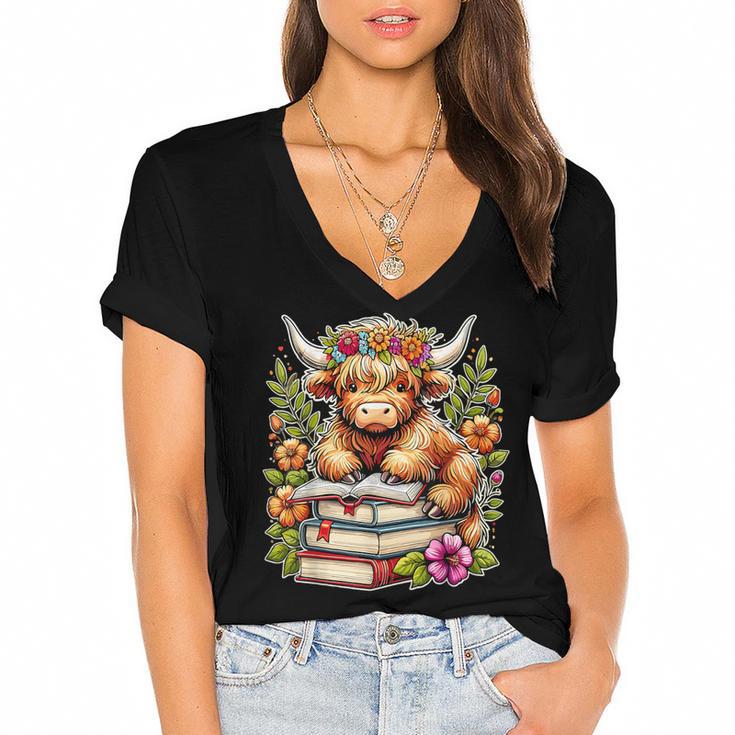 Bookworm Cute Highland Cow Reading Book Women's Jersey Short Sleeve Deep V-Neck Tshirt				