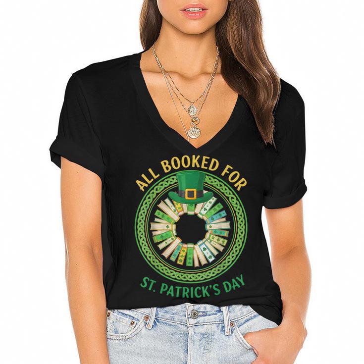 Bookworm Irish All Booked For St Patrick's Day Book Lover Women's Jersey Short Sleeve Deep V-Neck Tshirt
