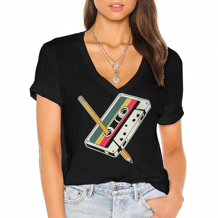 Cassette 90s Costume Party Nostalgia Women's Jersey Short Sleeve Deep V-Neck Tshirt