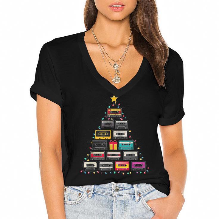 Cassette Tape Christmas Tree Graphic 80s 90s Retro Nostalgia Women's Jersey Short Sleeve Deep V-Neck Tshirt				