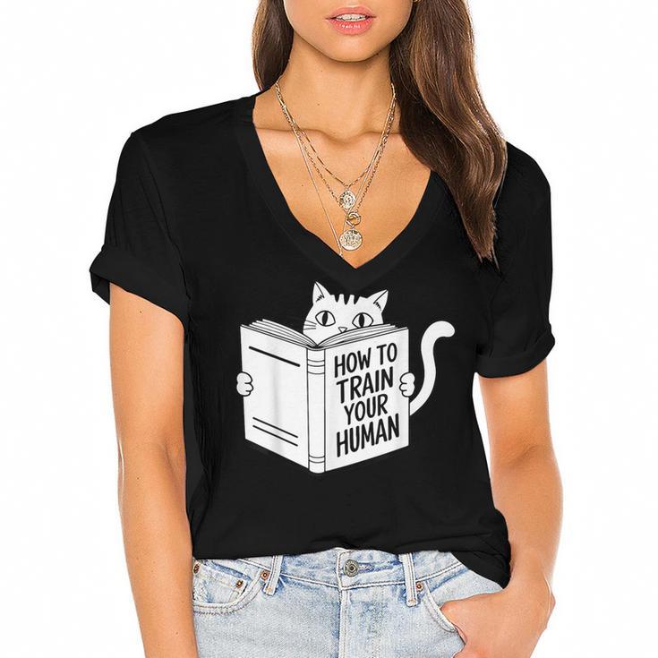 Cat Book Humor How To Train Your Human Women's Jersey Short Sleeve Deep V-Neck Tshirt