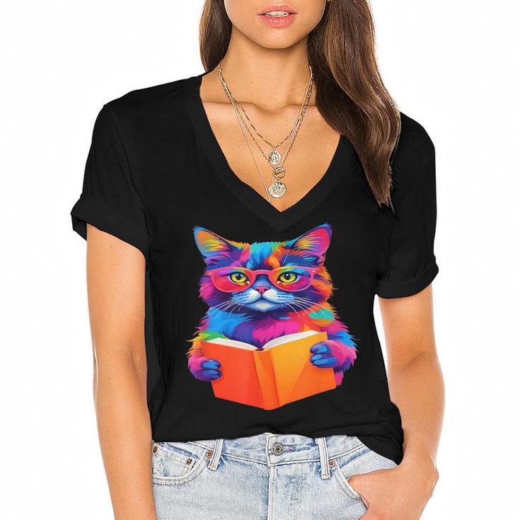 Cat Book Shirt Colorful Cat Reading Book Women's Jersey Short Sleeve Deep V-Neck Tshirt				