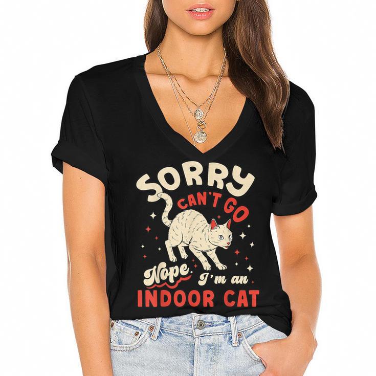 Cat Lover Sorry Cant Go Im An Indoor Introvert Cat Mom Women's Jersey Short Sleeve Deep V-Neck Tshirt				