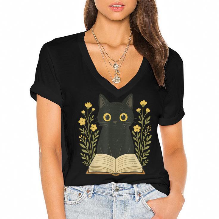 Cat Reading Book Flowers Women's Jersey Short Sleeve Deep V-Neck Tshirt