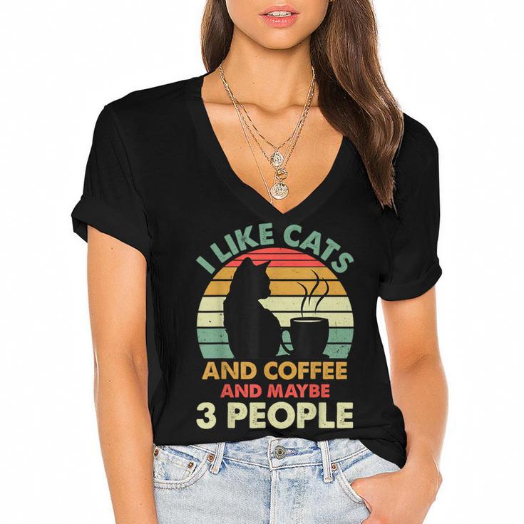 Cats Coffee & 3 People Tee Cute Font Introvert Humor Women's Jersey Short Sleeve Deep V-Neck Tshirt