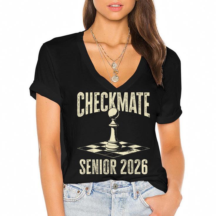 Checkmate Senior 2026 Chess Piece Class Of 2026 Graduation Women's Jersey Short Sleeve Deep V-Neck Tshirt				