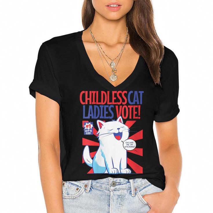 Childless Cat Ladies Vote Kamala Harris Cute Comic Book Cat Women's Jersey Short Sleeve Deep V-Neck Tshirt				
