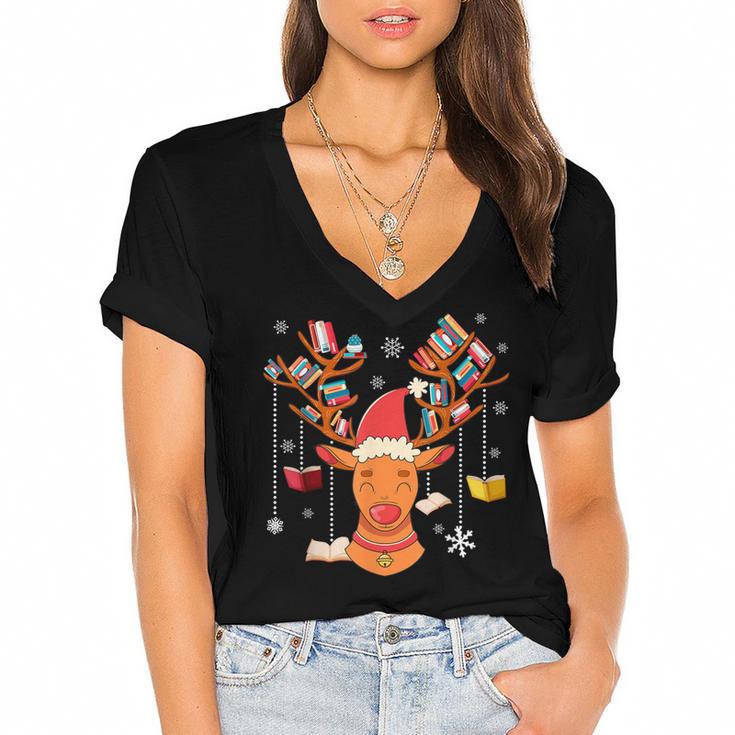 Christmas Librarian Reindeer Xmas Book Teachers Love Reading Women's Jersey Short Sleeve Deep V-Neck Tshirt