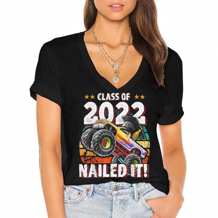 Class Of 2022 Monster Truck Graduation Cap Retro Sunset Boy Women's Jersey Short Sleeve Deep V-Neck Tshirt				