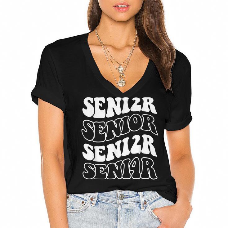 Class Of 2024 High School Senior Graduation Groovy Wave Women's Jersey Short Sleeve Deep V-Neck Tshirt				