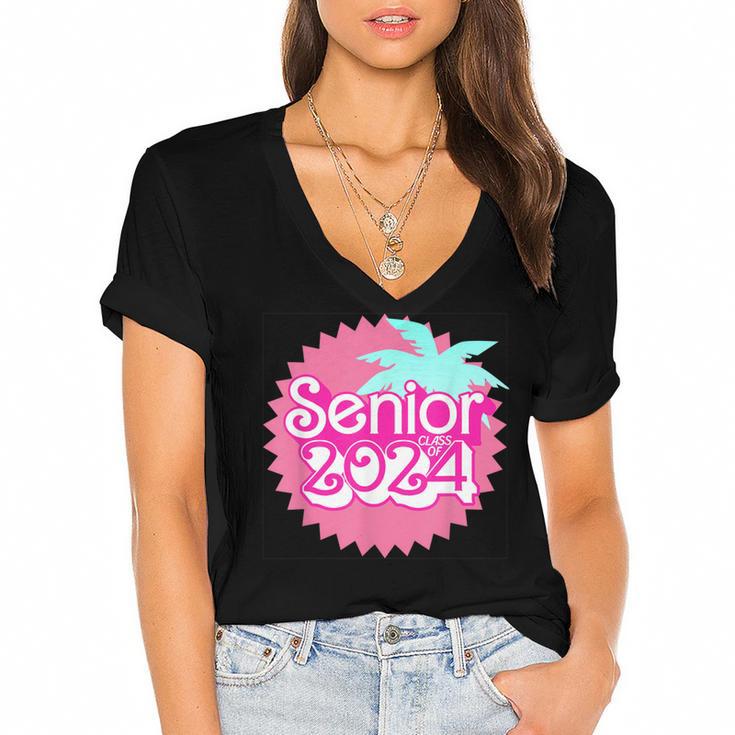 Class Of 2024 Senior Pink Retro Classic Girl Grad Graduation Women's Jersey Short Sleeve Deep V-Neck Tshirt				