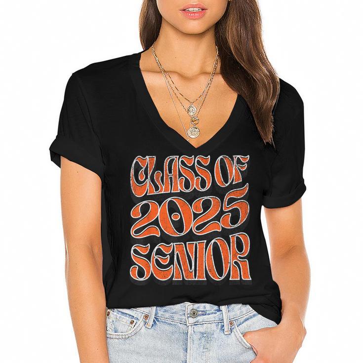 Class Of 2025 Senior Orange And Student Graduation Women's Jersey Short Sleeve Deep V-Neck Tshirt				