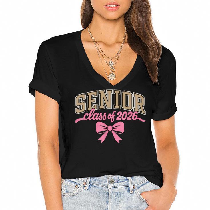 Class Of 2026 Pink Coquette Bow Senior Graduation Women's Jersey Short Sleeve Deep V-Neck Tshirt				