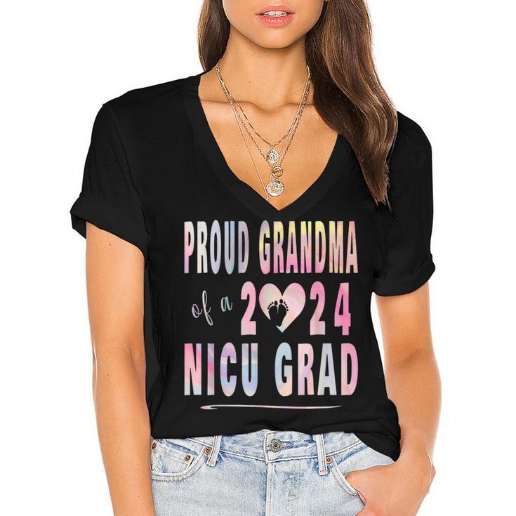 Colorful Proud Grandma 2024 NICU Graduate Baby Graduation Women's Jersey Short Sleeve Deep V-Neck Tshirt				