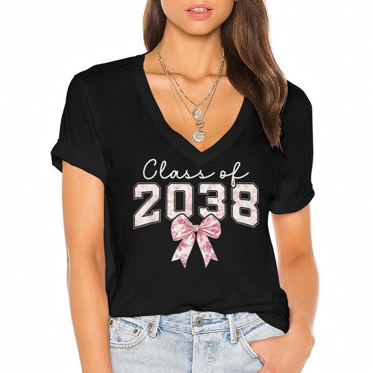 Coquette Bow Preppy Class Of 2038 Girly Girl 2038 Graduation Women's Jersey Short Sleeve Deep V-Neck Tshirt				