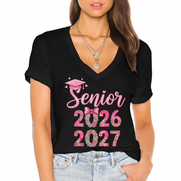 Coquette Pink Bow Flowers Senior 2026 2027 Graduation Women's Jersey Short Sleeve Deep V-Neck Tshirt				