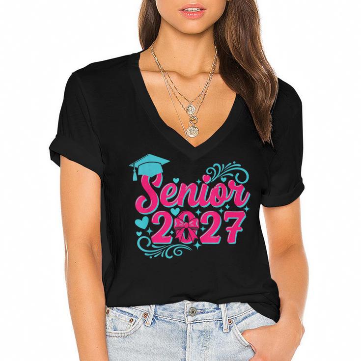 Coquette Pink Bow Senior 2027 Class Of Graduation Women's Jersey Short Sleeve Deep V-Neck Tshirt				