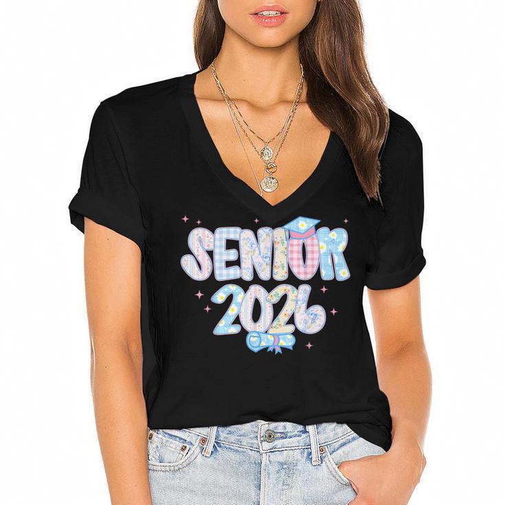 Coquette Senior-Class Of 2026 Preppy Graduation Graduate Women's Jersey Short Sleeve Deep V-Neck Tshirt				