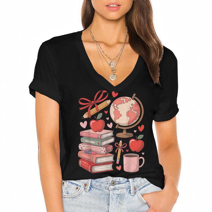 Coquette Teacher School Supplies Bows Books Globe Apple Cute Women's Jersey Short Sleeve Deep V-Neck Tshirt