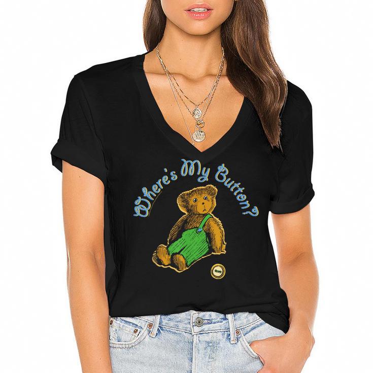 Corduroy Where's My Button Teddy Bear Retro Children's Book Women's Jersey Short Sleeve Deep V-Neck Tshirt