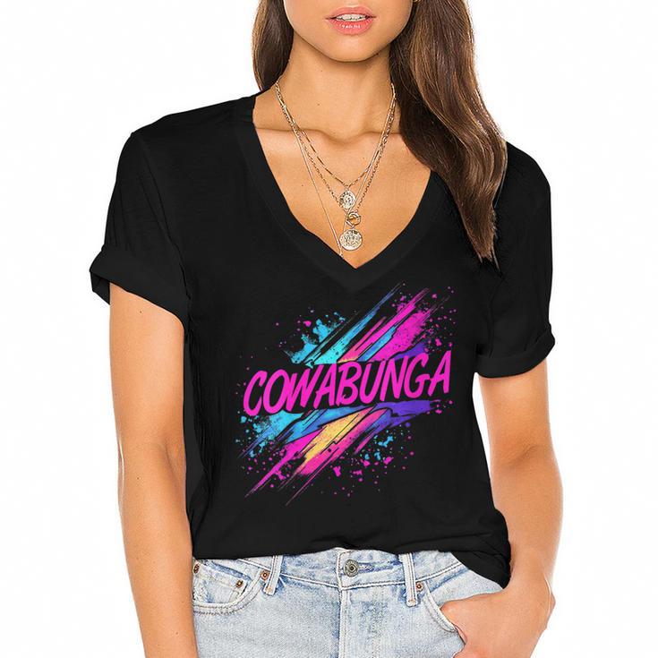 Cowabunga Retro 80s 90s Nostalgia Slang Neon Grunge Art Women's Jersey Short Sleeve Deep V-Neck Tshirt