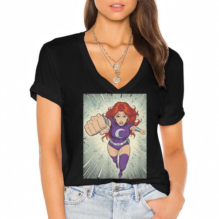 The Crimson Crescent 90s Retro Comic Book Superheroine Art Women's Jersey Short Sleeve Deep V-Neck Tshirt				