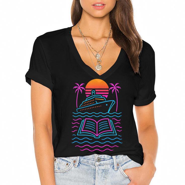 Cruise Ship Vacations Reading Book Lovers Sunset Women's Jersey Short Sleeve Deep V-Neck Tshirt				
