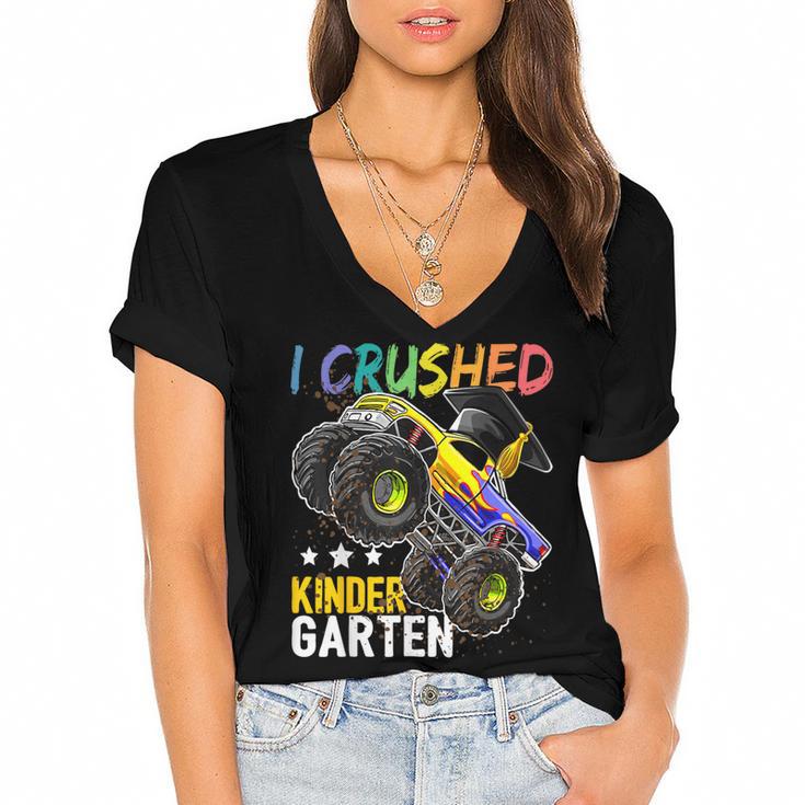I Crushed Kindergarten Monster Truck Graduation Boys Small Women's Jersey Short Sleeve Deep V-Neck Tshirt				