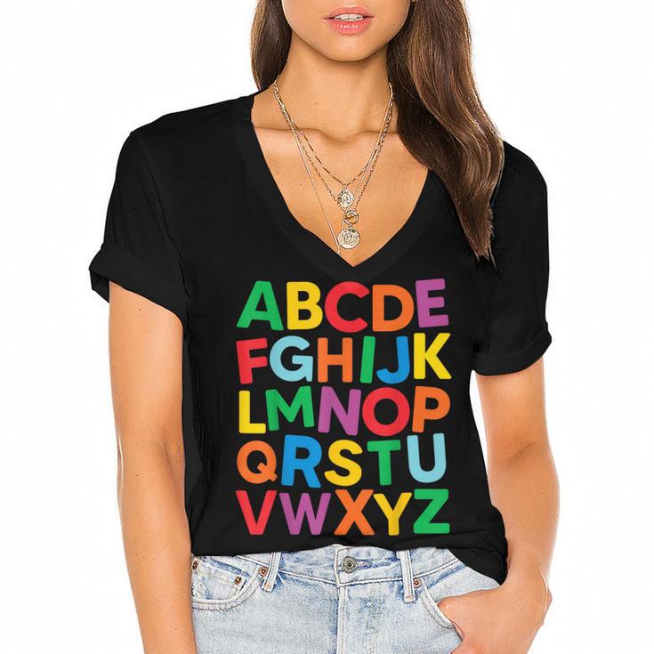 Cute ABCs Shirt Alphabet Colorful Letters Reading Books Kids Women's Jersey Short Sleeve Deep V-Neck Tshirt				