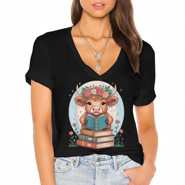 Cute Baby Highland Cow Reading Book Bookworm For Men Women Women's Jersey Short Sleeve Deep V-Neck Tshirt				