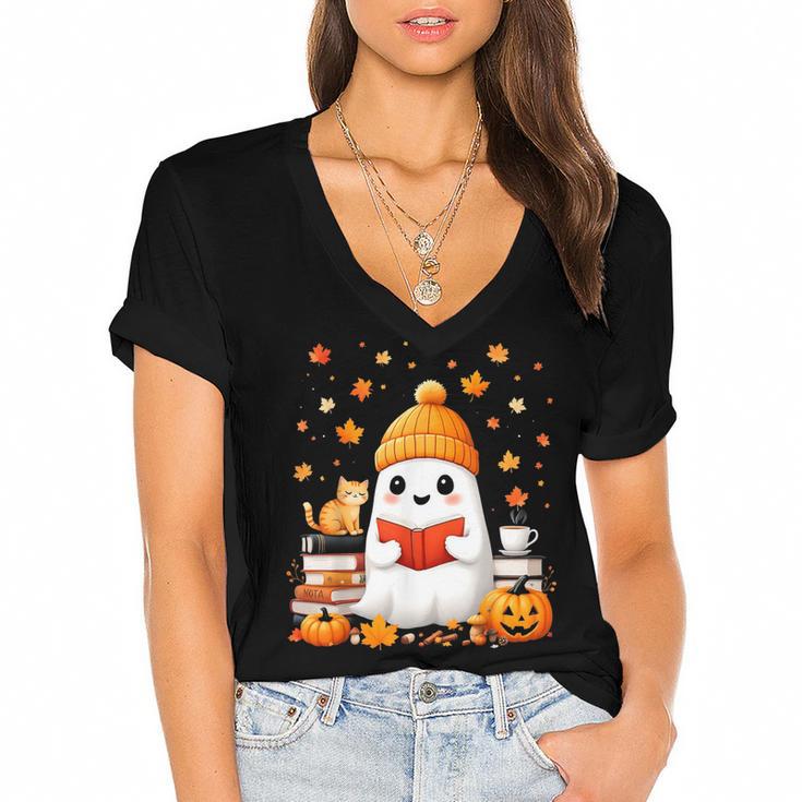Cute Beanie Ghost Bookworm Cozy Book Reading Halloween Women's Jersey Short Sleeve Deep V-Neck Tshirt