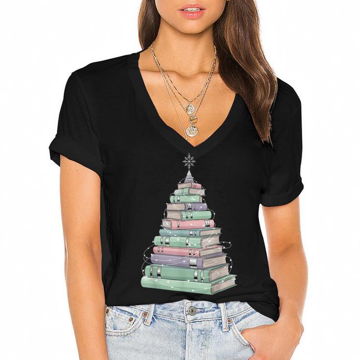 Cute Bookmas Christmas Book Tree Book Lover Teacher Women's Jersey Short Sleeve Deep V-Neck Tshirt