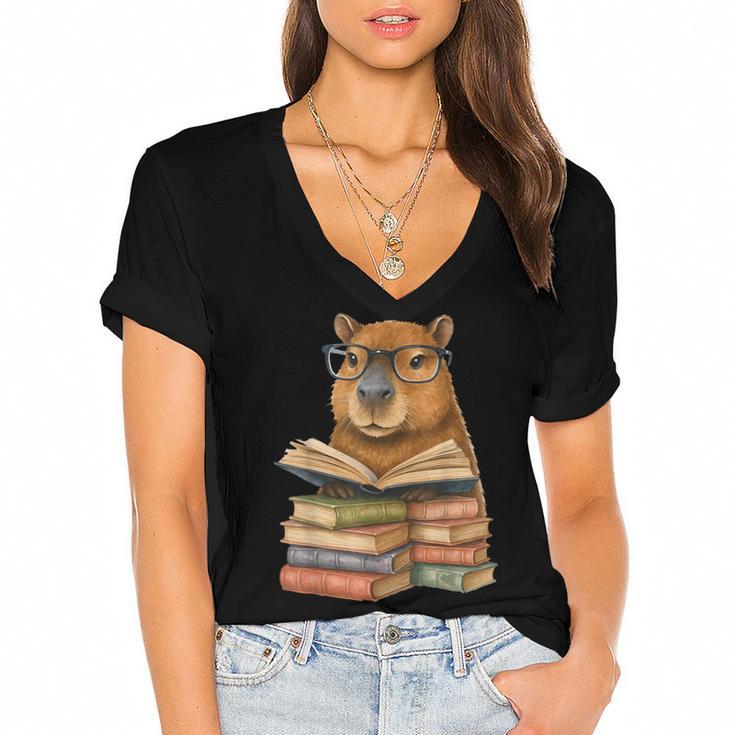 Cute Capybara Reading Books Animal Capybara Bookworms Women's Jersey Short Sleeve Deep V-Neck Tshirt