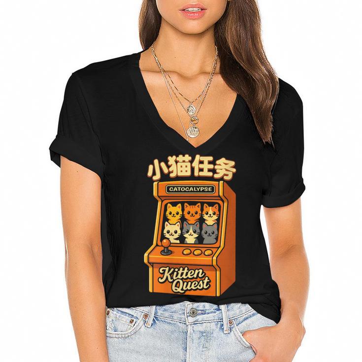 Cute Cats Retro 1980's Arcade Nostalgia Old Game Cabinet Women's Jersey Short Sleeve Deep V-Neck Tshirt