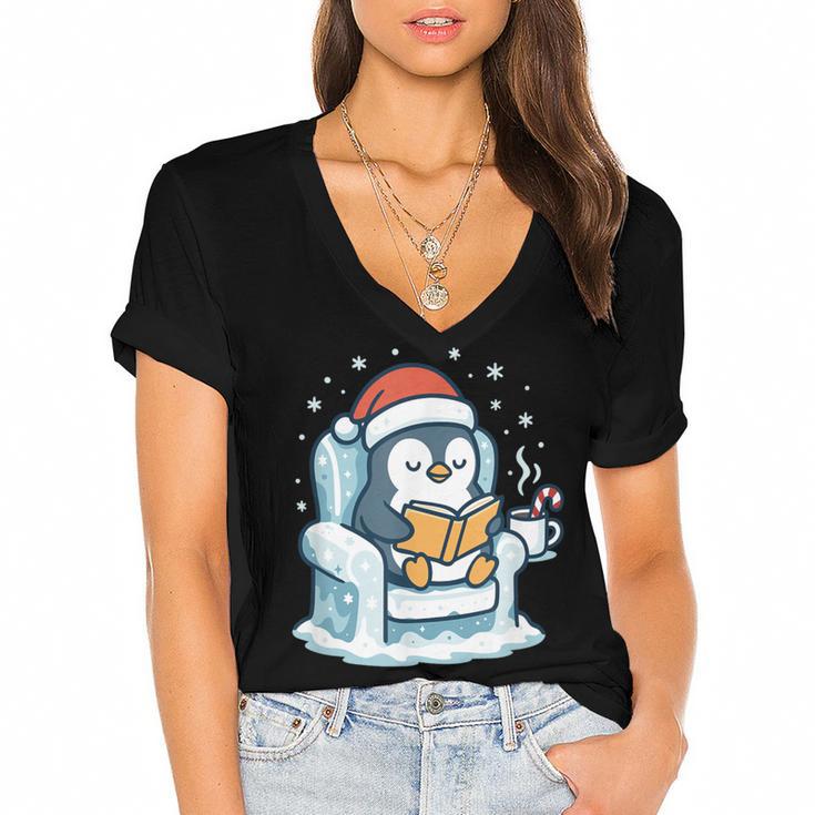 Cute Christmas Penguin Reading Book Cozy Winter Holiday Art Women's Jersey Short Sleeve Deep V-Neck Tshirt