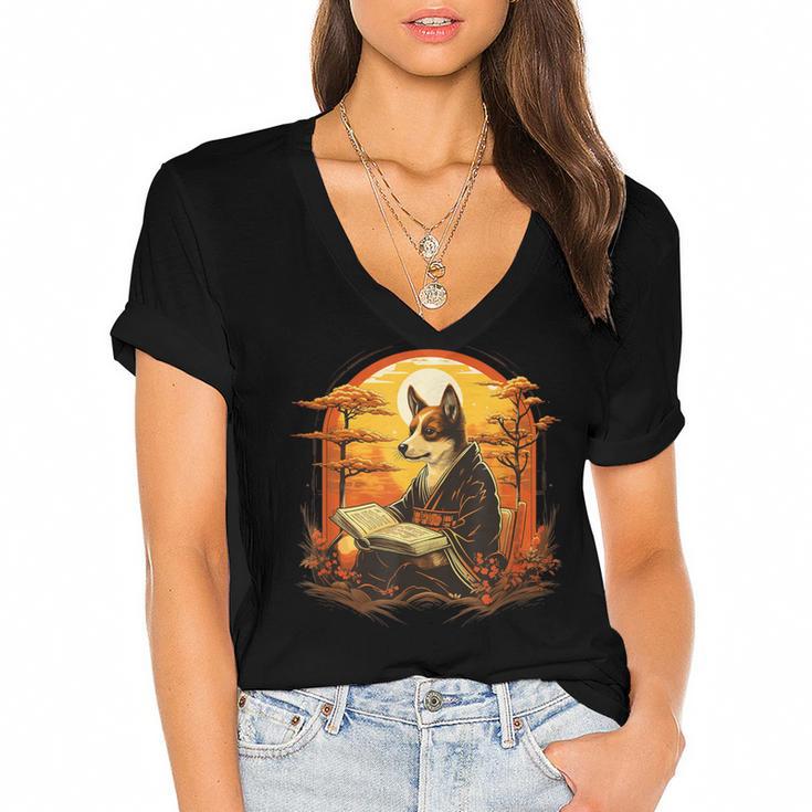 Cute Corgi Dog In Japanese Kimono With Book Men Women Girls Kids Women's Jersey Short Sleeve Deep V-Neck Tshirt