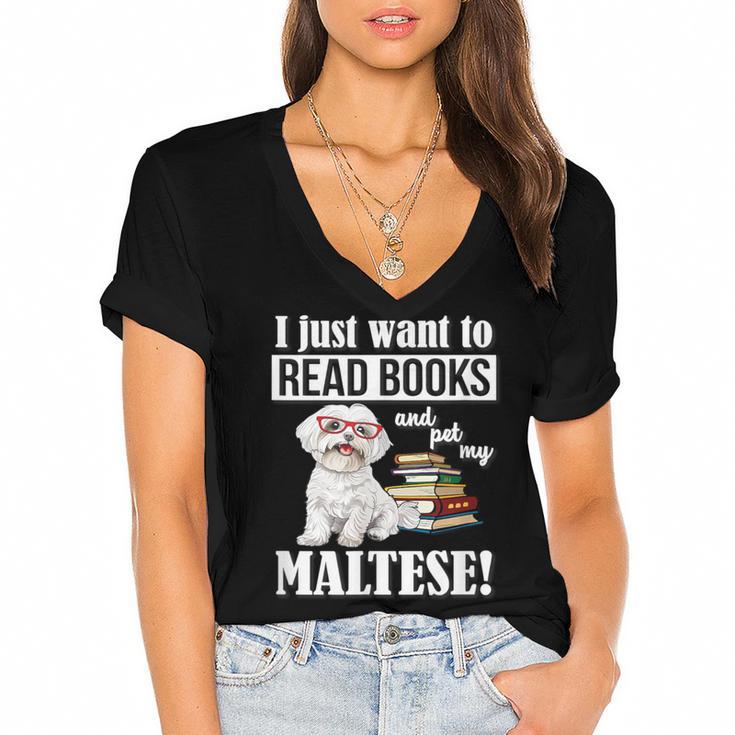 Cute Glasses Read Books & Pet My Maltese Lover Women's Jersey Short Sleeve Deep V-Neck Tshirt				