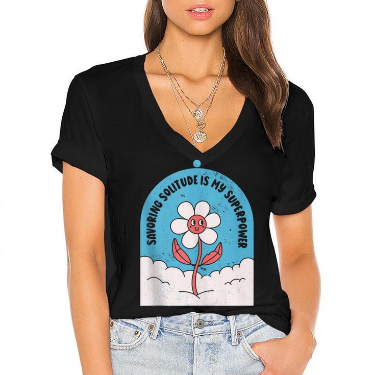 Cute Introvert Shy Teen Anti-Social Inner Strength Women's Jersey Short Sleeve Deep V-Neck Tshirt