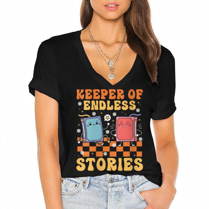Cute Librarian Library Book Lover Keeper Of Endless Stories Women's Jersey Short Sleeve Deep V-Neck Tshirt				